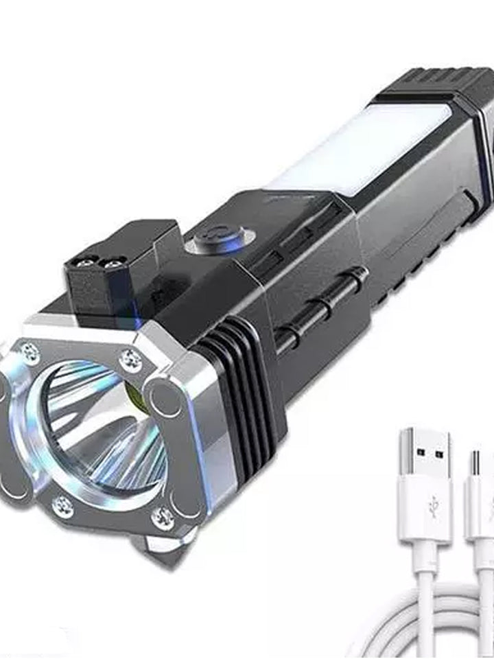 1524 Portable 3w Rechargeable Torch Led Flashlight Long Distance Beam Range Hammer And Strong Magnets Window Glass And Seat Belt Cutter 4 Modes For Car Camping Hiking Indoor Outdoor